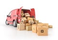 Cardboard boxes drop out from the transport isolated on a white background. 3d illustration