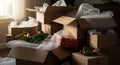 Stack of cardboard boxes with bubble wrap and gift wrap in a room with natural light Royalty Free Stock Photo