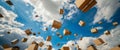 Cardboard boxes floating high in the sky among clouds, representing global shipping, logistics, and air freight services Royalty Free Stock Photo