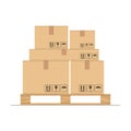 Cardboard boxes with fragile signs on wooden pallet. Delivery packaging box. Warehouse goods and cargo transportation. Cargo wood Royalty Free Stock Photo