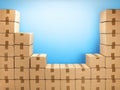 Cardboard boxes frame for delivery or moving. Stack of boxes and blue background