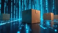 Cardboard boxes on futuristic digital grid background. Automated logistics system for package delivery. Smart tech tracking Royalty Free Stock Photo