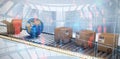 Composite image of cardboard boxes and globe on conveyor belt Royalty Free Stock Photo