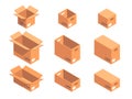 Cardboard boxes. Isometric carton boxes, shipping and delivery packages. Open and close cardboard box flat 3d vector illustration Royalty Free Stock Photo