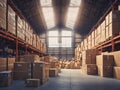 Cardboard boxes in large industrial warehouse