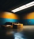 Cardboard boxes in large industrial warehouse, generative ai