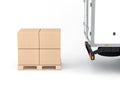 Cardboard boxes mockup on euro pallet near truck