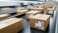 Automated conveyor belt system transporting cardboard boxes in a distribution warehouse Royalty Free Stock Photo
