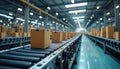 Cardboard boxes move smoothly on automated conveyor belt in modern factory. Efficient logistic process. Automated transport Royalty Free Stock Photo