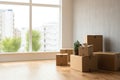 Cardboard boxes in new apartment. Packed household stuff for moving into new house Royalty Free Stock Photo