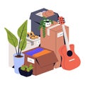 Cardboard boxes with objects, clothes, stuff for relocation. Various property, belongings, guitar ready for moving