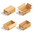 Cardboard boxes opened and closed. 3D isometric vector icons