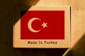 Made in Turkey. Cardboard boxes with text `Made In Turkey` and the Flag of Turkey.