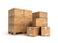 Cardboard boxes on pallet isolated on white, delivery and transportation logistics storage Royalty Free Stock Photo