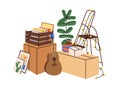 Cardboard boxes with personal stuff for moving. Packed belongings in carton packages for relocation. House plant, guitar Royalty Free Stock Photo