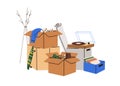 Cardboard boxes, personal stuff pile for moving. Open packs, packages, items heap for relocation. Belongings, apparel