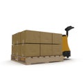 Cardboard Boxes on Powered Pallet Truck Isolated. 3D Illustration Royalty Free Stock Photo