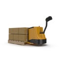 Cardboard Boxes on Powered Pallet Truck Isolated. 3D Illustration Royalty Free Stock Photo