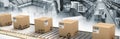 Composite image of cardboard boxes on production line Royalty Free Stock Photo