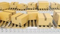 Cardboard boxes progresses along conveyor belt loopable animation. Cardboard boxes on conveyor belt