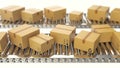 Cardboard boxes progresses along conveyor belt loopable animation. Cardboard boxes on conveyor belt