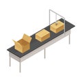 Cardboard Boxes Rested on Conveyor Belt in Custom or Warehouse Isometric Vector Illustration
