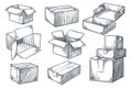 Cardboard boxes set. Closed and open empty postal packages collection. Vector hand drawn sketch illustration Royalty Free Stock Photo