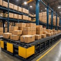 Cardboard boxes sorting on rollers conveyor belt. Generative AI Royalty Free Stock Photo