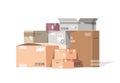 Cardboard boxes stack. Carton parcels and delivery packages pile, flat warehouse goods and cargo transportation. Vector Royalty Free Stock Photo