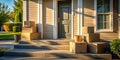Cardboard boxes stacked on a house\'s front steps bathed in warm sunlight. Generative AI Royalty Free Stock Photo
