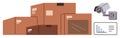 Security Camera Overseeing Stacked Cardboard Boxes with Analytics Dashboard Royalty Free Stock Photo