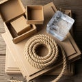 Cardboard boxes are stacked on a wooden surface, with one open box displaying its interior. A Royalty Free Stock Photo