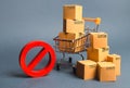 Cardboard boxes, supermarket trolley and red symbol NO. Embargo, trade wars. Restriction on the importation of goods, proprietary Royalty Free Stock Photo