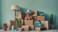 The cardboard boxes and teddy.AI generated image Royalty Free Stock Photo
