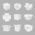 Cardboard boxes white in different positions angles realistic mockups set. Carton containers templates