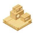 Cardboard Boxes on Wooden Pallet as Warehouse Area for Goods Storage and Logistics Isometric Vector Illustration