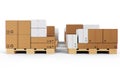 Cardboard boxes on wooden pallets isolated on a white background. Cardboard boxes for the delivery of goods. Packages Royalty Free Stock Photo