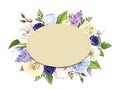 Cardboard card with blue, purple and white roses, lisianthuses, anemones and lilac flowers. Vector eps-10.