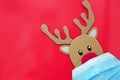 Cardboard cutout of Rudolph the red-nosed reindeer peeking while wearing a face mask. Covid during Christmas season concept.