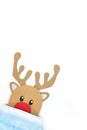 Cardboard cutout of Rudolph the red-nosed reindeer peeking while wearing a face mask. Covid during Christmas season concept. Royalty Free Stock Photo