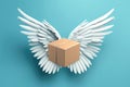 Cardboard Delivery Box With Angel Wings On Blue Background