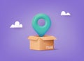 Cardboard delivery box with location pin. Order or parcel tracking. Navigation point. 3D Web Vector Illustrations