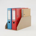 Cardboard Document Holder with Blue Red and Tan Ring Binders on White Background file folder Royalty Free Stock Photo