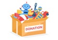 Cardboard Donation Box Containing Toys for Children, Social Care, Volunteering and Charity in Hand Drawn Cartoon Flat Illustration Royalty Free Stock Photo
