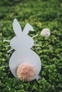 Cardboard Easter bunny looks at Easter egg Royalty Free Stock Photo