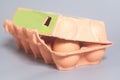 Cardboard egg box with brown eggs on gray Royalty Free Stock Photo