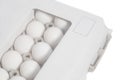 Cardboard egg box with chicken white eggs Royalty Free Stock Photo