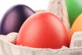 Cardboard egg box with Easter colored eggs Royalty Free Stock Photo