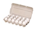 Cardboard egg box with white chicken eggs isolated on white Royalty Free Stock Photo