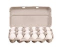 Cardboard egg box with white chicken eggs isolated on white Royalty Free Stock Photo